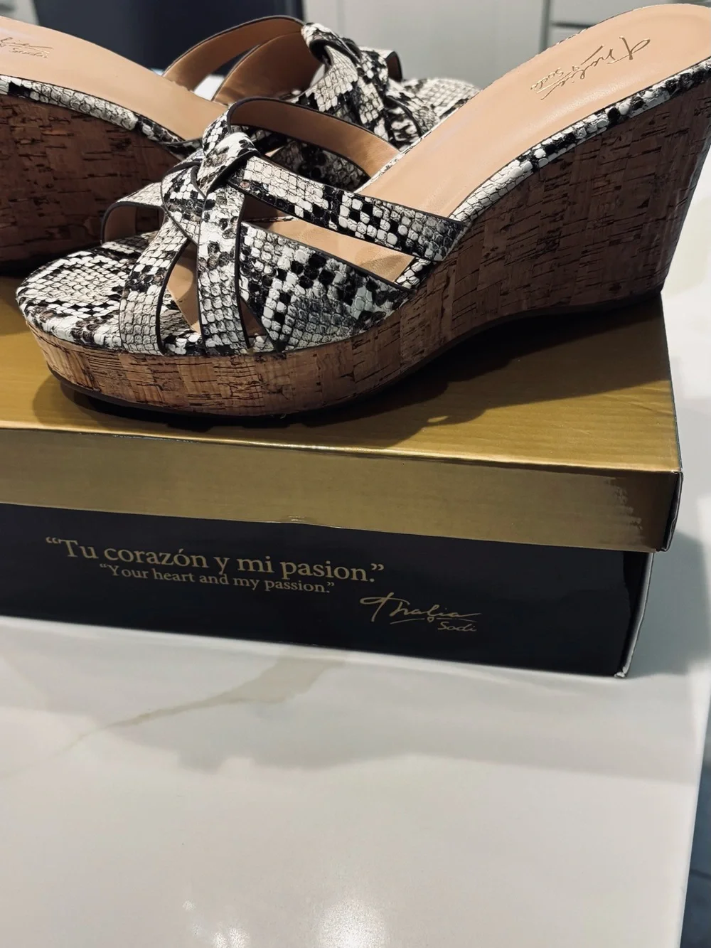 Thalia Sodi Black & White Snake-Print Cork Wedge Sandals